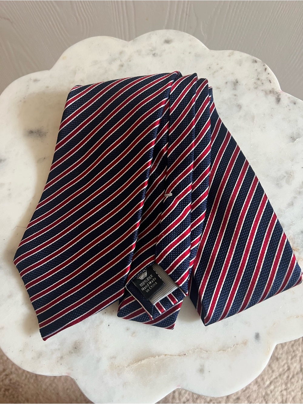100% Silk Handmade Navy and Red Striped Men's Tie — Classic Work & Formal Style